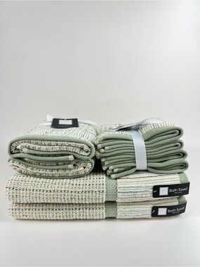 Soho Living Bath Towel Set Sage Cream Tan Striped Soft 100% Cotton 8 Pc NEW